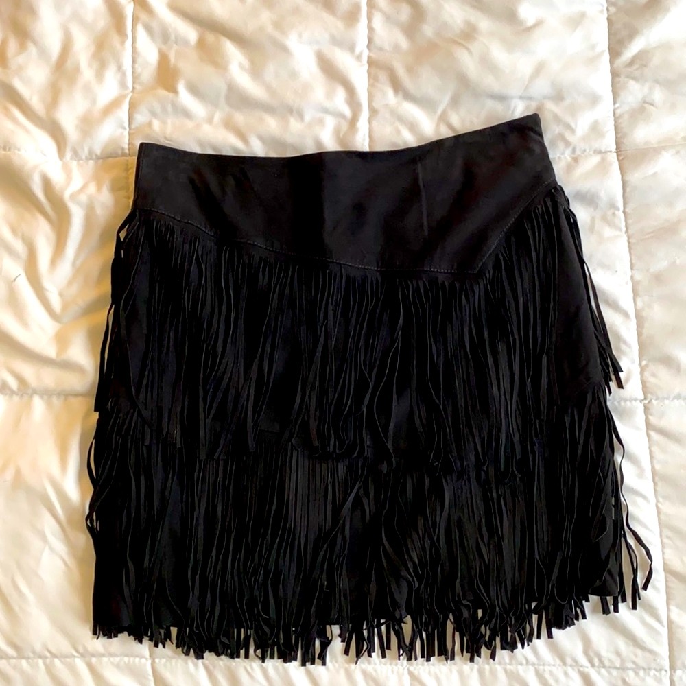 RALPH LAUREN BLACK SUEDE FRINGED MINI SKIRT